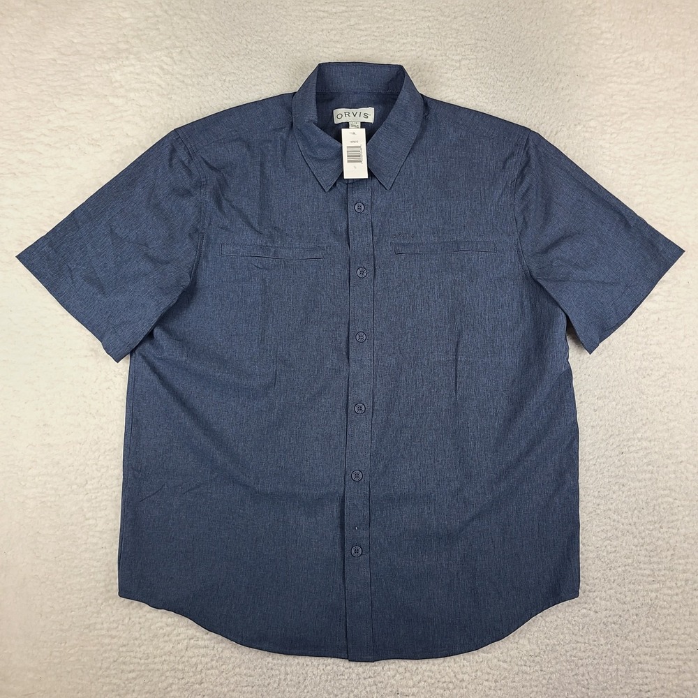 ORVIS Shirt Mens Large Dark Blue Preppy Hawaiian Button Up Short Sleeve